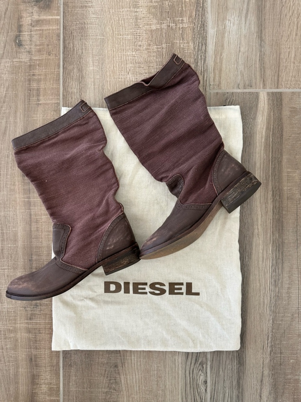 Diesel Brown Fabric and Brown Leather Women's Mid-Calf Boots - Picture 3 of 7